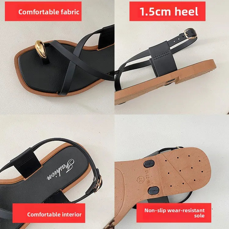Women's Roman Style Toe-Over Sandals Flat Bottom Outdoor Wear Crossbody PVC Material Anti-Slip Low Heel Footwear