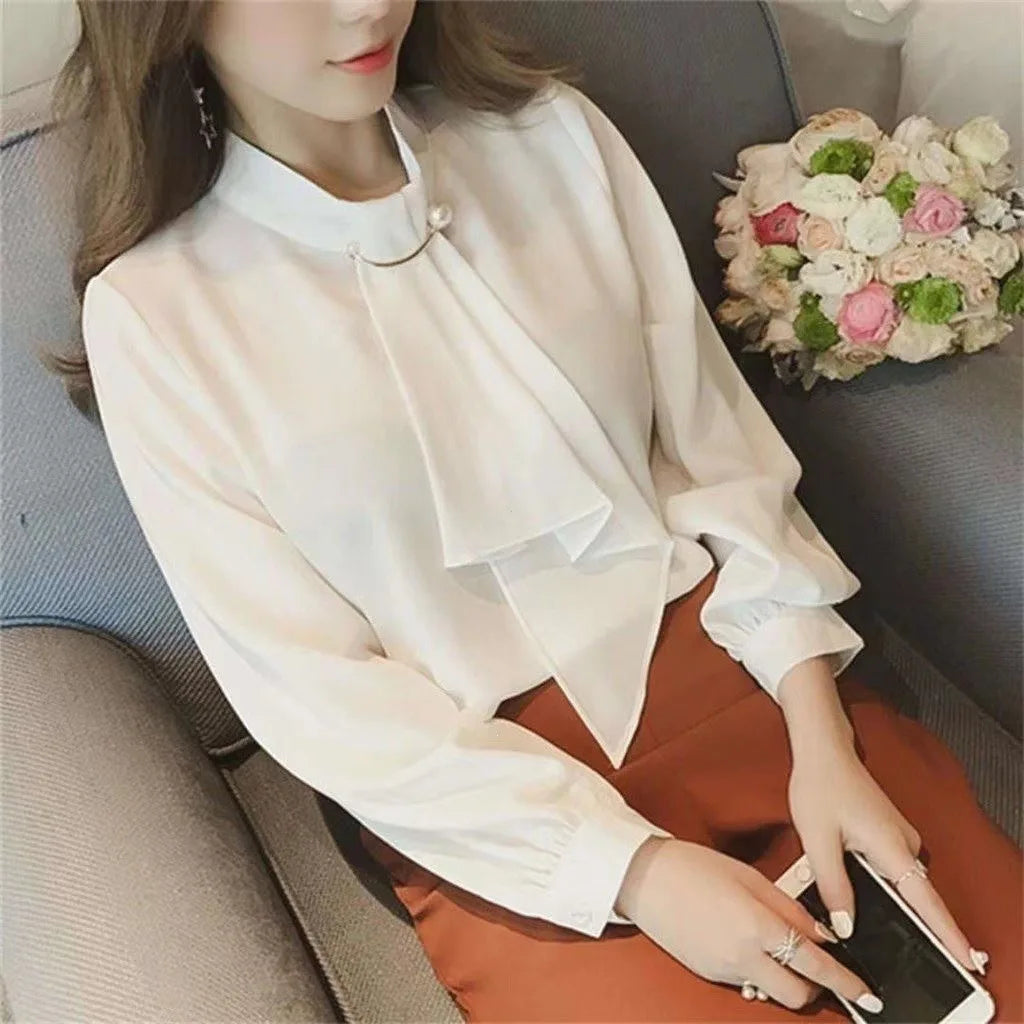 Summer Style Ring Buckle Design Lantern Sleeve Hooded Chiffon Long Sleeve Base Shirt Women's Top