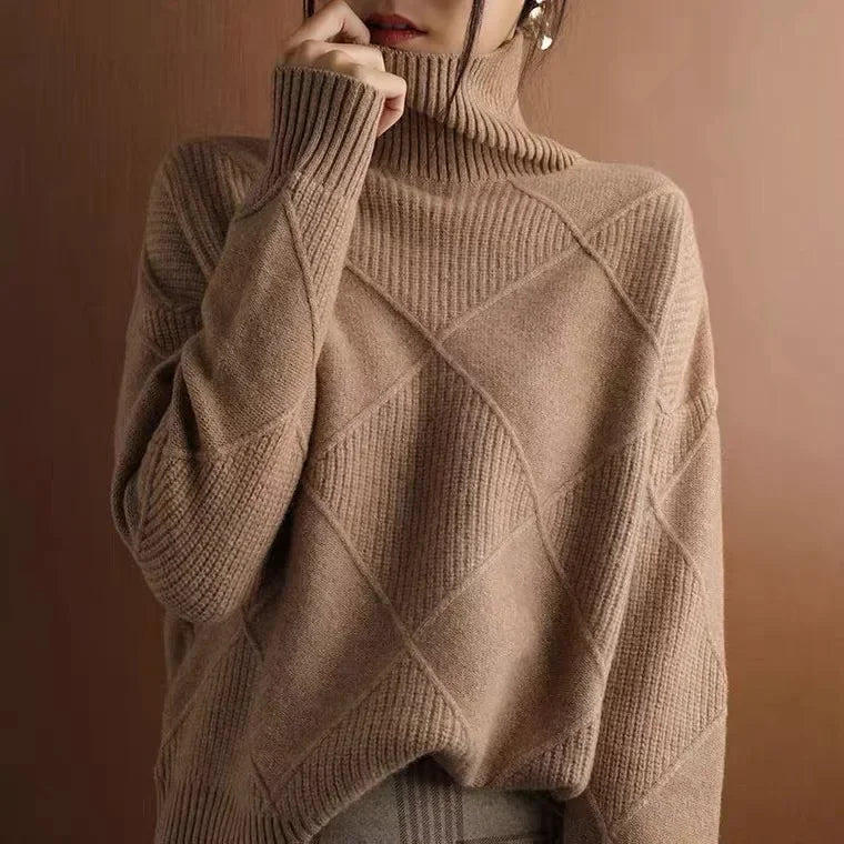 Turtleneck Sweater Diamond Solid Color Warm Pullover Loose Lazy Wind Knitted Bottoming Shirt Pullovers Tops Jumper
