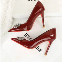 Banquet Pointed High Heels, Shallow Metal Rhinestone Thin Heel Patent Leather High Heels