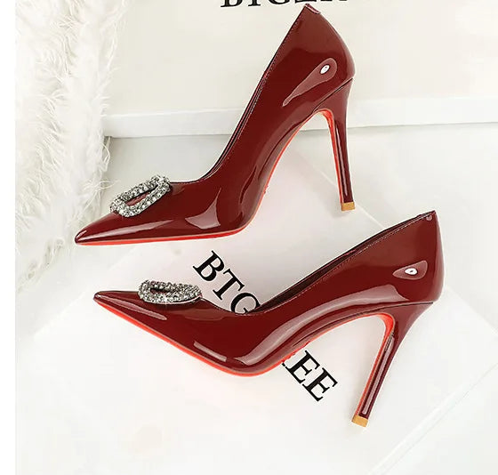 Banquet Pointed High Heels, Shallow Metal Rhinestone Thin Heel Patent Leather High Heels