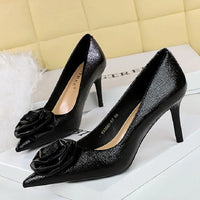 Patent Leather Flowers Women Pumps Sexy Pointed Toe Thin Low Heels Wedding Elegant Party Shoes Natalia Home Fashion   Black-7CM-43 Natalia Home Fashion