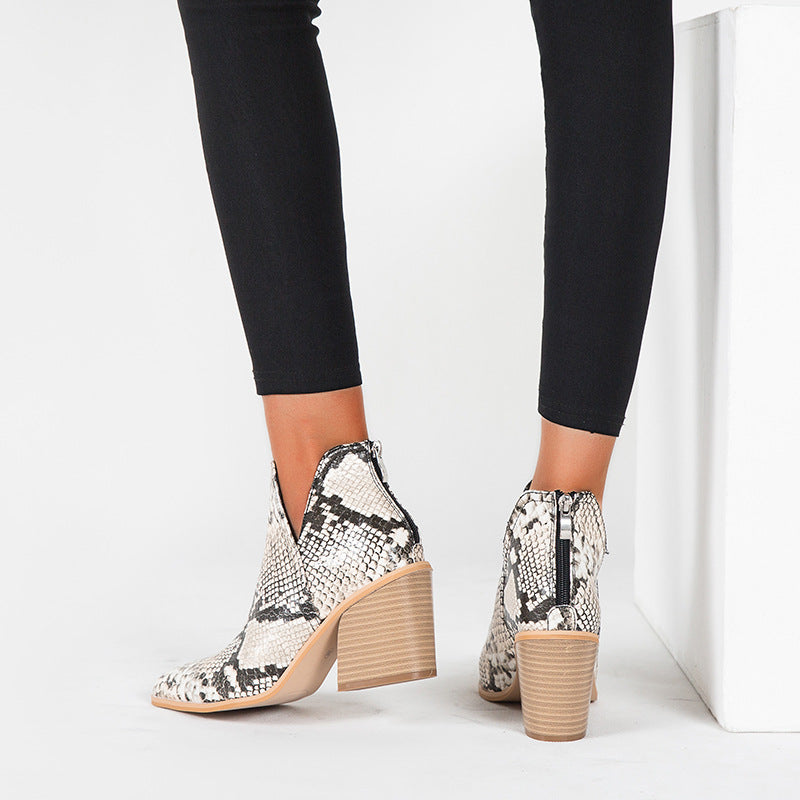 Boots Women Ankle Leopard Mid Heel Shoes Female Slip-On Casual Black Square Heel Booties