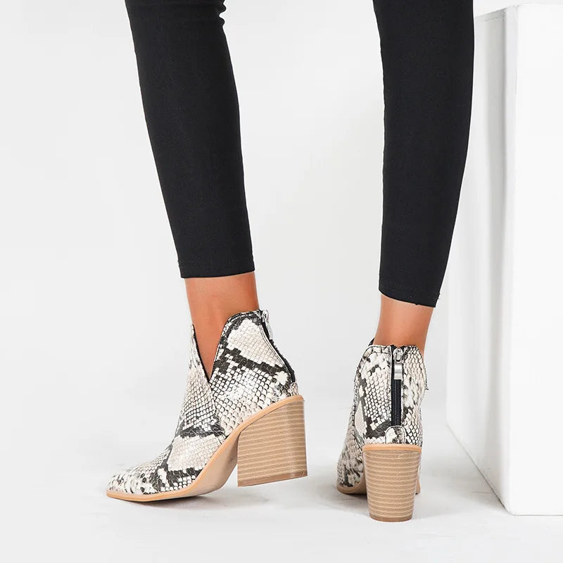 Boots Women Ankle Leopard Mid Heel Shoes Female Slip-On Casual Black Square Heel Booties