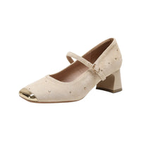 Retro Square Head Mary Jane Shoes Women Comfortable Slip-On High Heels Casual Velvet Upgraded Rubber Sole