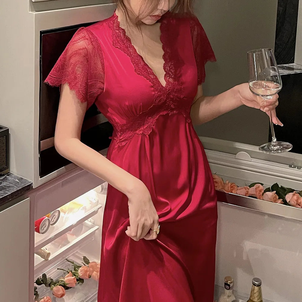 Satin Night Dress Women Sleepwear With Bras Long Lace Nightgown Short Sleeve Sleep dress Loose Intimate Lingerie Nightwear