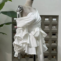 Women's Asymmetric Off-Shoulder Crop-Top Irregular Bow-Waist Puff-Sleeve Party Evening Top