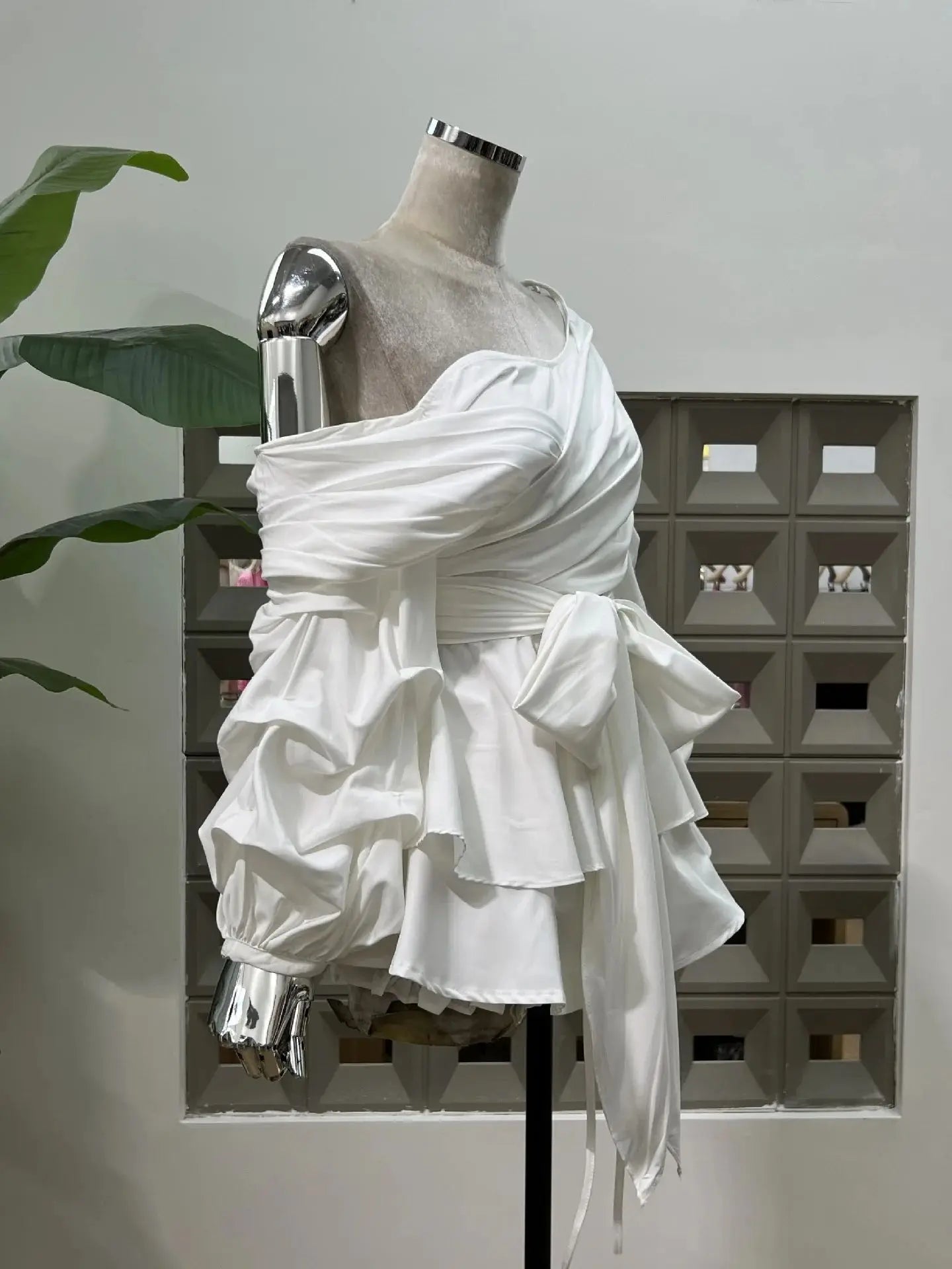 Women's Asymmetric Off-Shoulder Crop-Top Irregular Bow-Waist Puff-Sleeve Party Evening Top