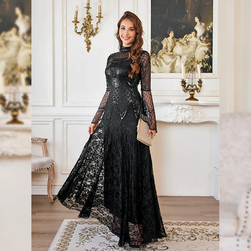 Black Lace Mermaid Elegant Evening Dress for Women High Neck Long Sleeve Sequins Party Dresses Prom Gowns Wedding