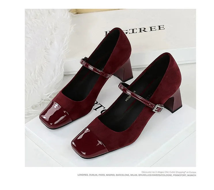 Leopard Print Women Pumps Suede Middle Heel Shoes Sexy Mary Jane Shoes Rhinestone Buckle Ladies Shoe Square Head