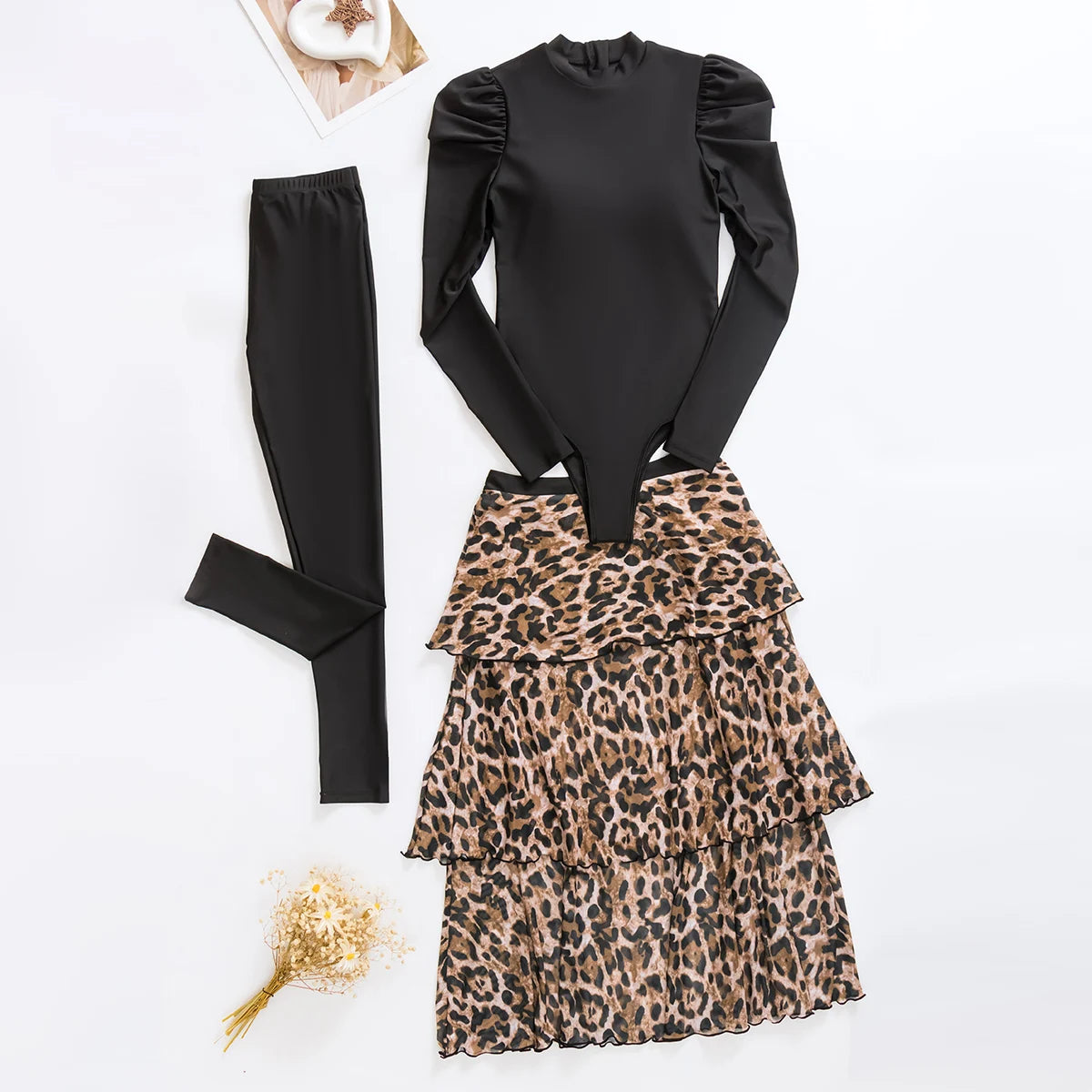 3pcs Muslim Burkini Modest swimsuit Black Long Sleeved Ladies Swimwear with Long Leopard Printed Dress beach swimsuit