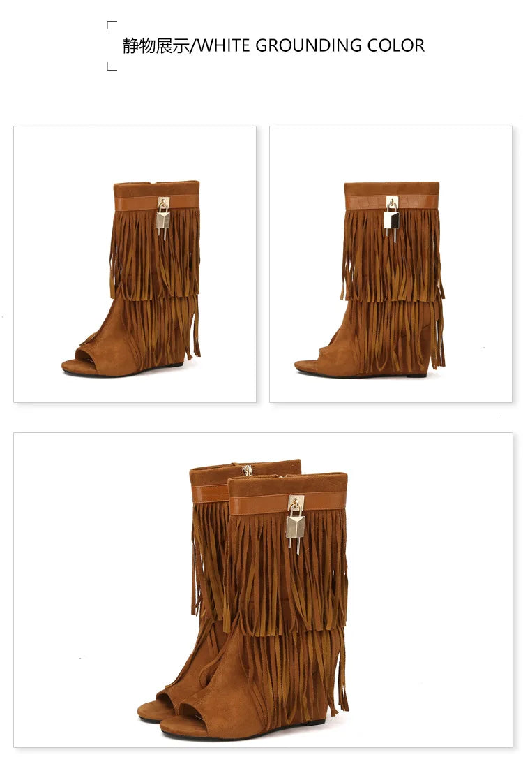 Designer Fringe Wedges Boot Sandals Woman High Heels Open Toe Party Prom Shoes Sexy Zipper Female Pumps Women Boots