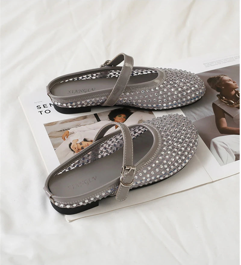 Luxury Shinny Diamond Women Mules Slippers Summer Shoes Crystal Footwear Rhinestones Slip On Brand Mary Jane Sandals Mesh Clogs