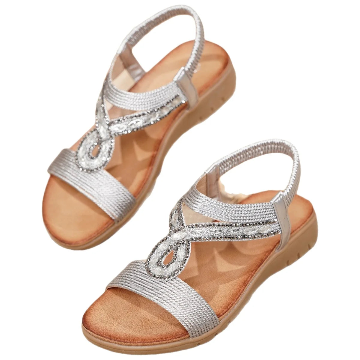Retro Electric Embroidery Sandals Flat Bottom Beach Shoes Diamond Elastic Band Comfortable Breathable Quick Dry Low Heel