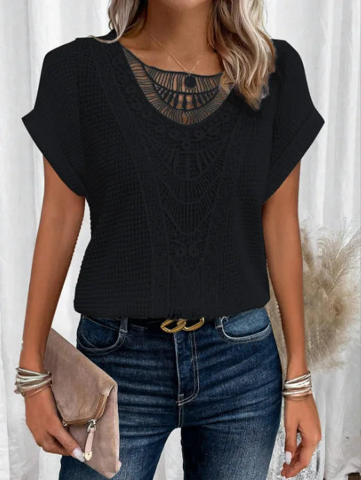 T shirt women 2026 fashion Spring Summer New lace patchwork short-sleeved T-shirt solid color tshirt women's clothing Natalia Home Fashion    Natalia Home Fashion