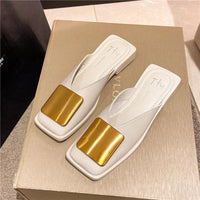 Women Slippers Brand Designer Fashion Metal Buckle Flat Heels Square Toe Shallow Shoes for Women Outdoor Slide Female Casual Natalia Home Fashion    Natalia Home Fashion
