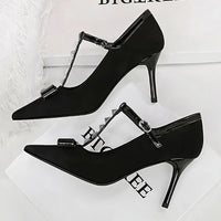 Banquet Bow Rivet T-button Pointed Head High Heel Women's Single Shoes