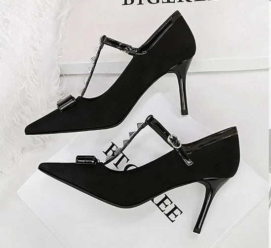 Banquet Bow Rivet T-button Pointed Head High Heel Women's Single Shoes