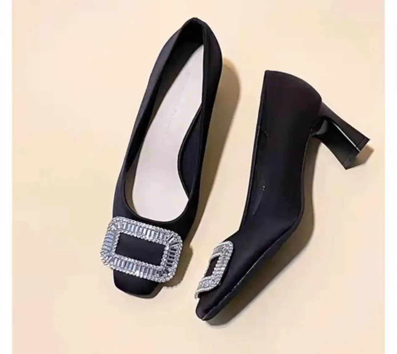 Black Work Shoes Women's Slip-On Chunky Heel Medium Heel Versatile Boat Shoes Square Buckle Rhinestone Single Shoes