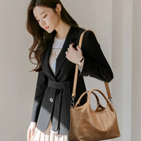 Fashionable Pure Color Basket Handbag Women's Commuter Bag Soft PU Leather Vintage Style Single Shoulder Bag with Internal Zipper
