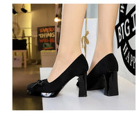 Chunky Block Heels Women Pumps Bow Decoration High Heels Square Headed Platform High Heels Suede Ladies Shoes