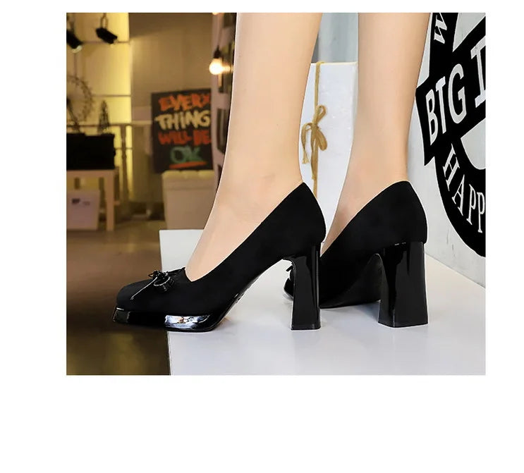 Chunky Block Heels Women Pumps Bow Decoration High Heels Square Headed Platform High Heels Suede Ladies Shoes
