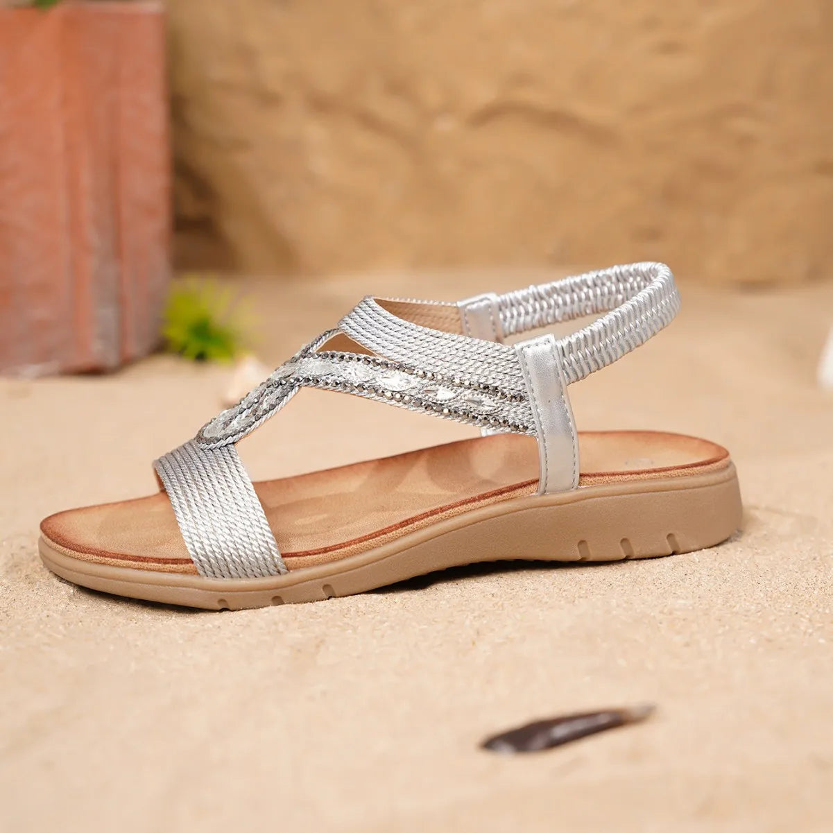 Retro Electric Embroidery Sandals Flat Bottom Beach Shoes Diamond Elastic Band Comfortable Breathable Quick Dry Low Heel
