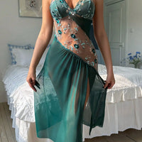 Flower Printed Women Open Back Split Nightdress Home wear Lace Sexy V-Neck Perspective Summer Thin Breathable Slip Sleepwear