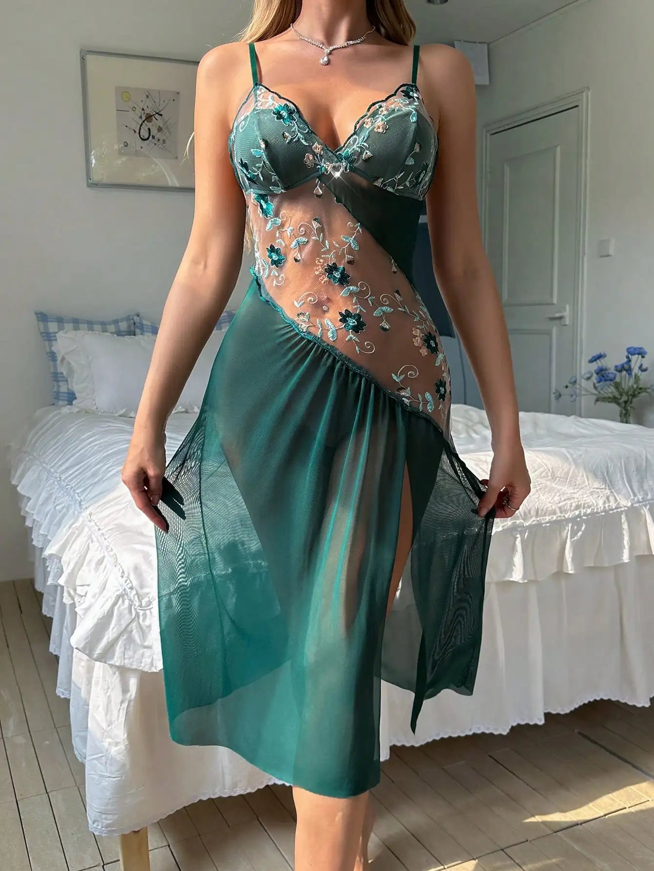 Flower Printed Women Open Back Split Nightdress Home wear Lace Sexy V-Neck Perspective Summer Thin Breathable Slip Sleepwear