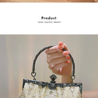 Pearl & Diamond Kiss Lock Clutch Bag Floral Handle Party Bag Metal Chain Cocktail Crossbody Bag