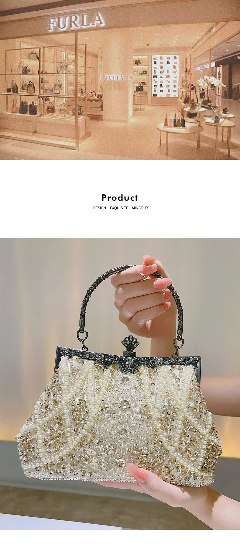 Pearl & Diamond Kiss Lock Clutch Bag Floral Handle Party Bag Metal Chain Cocktail Crossbody Bag