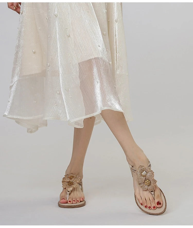 Womens Bohemian Floral Rhinestone Sandals Elegant Crystal Flower Décor Elastic Ankle Strap Soft Cushioned Insole Non Slip Sole