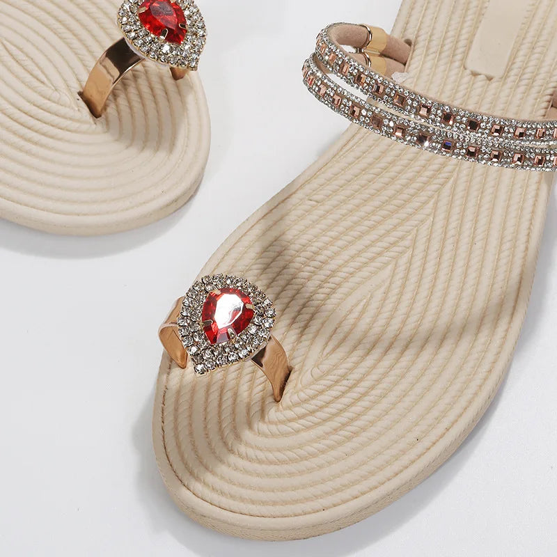Crystal Gladiator Women Sandals Summer  Clip Toe Flat Heels Beach Slippers Woman Slides