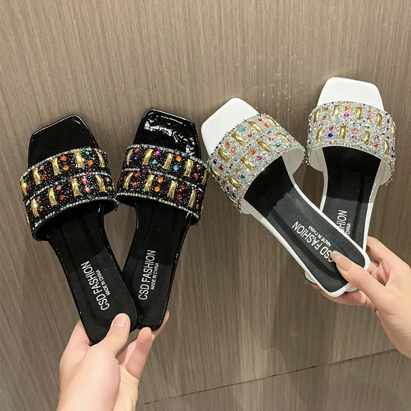 Slippers for Women Shiny Rhinestone Sandals Women Outdoor Beach Casual Shoes Sexy Fashion Flats