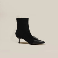 Fashionable Slim Fit Diamond Decorated Pointed Toe High Heel Bootie Mid-Calf Zipper Closure Leather Boot for Women