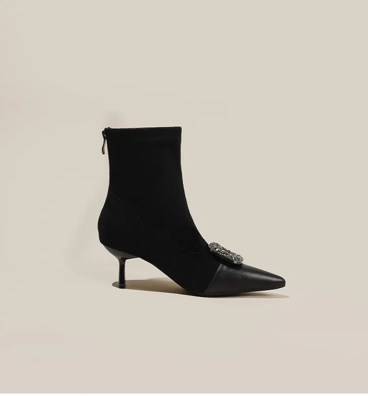 Fashionable Slim Fit Diamond Decorated Pointed Toe High Heel Bootie Mid-Calf Zipper Closure Leather Boot for Women