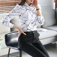 2025 New Women's White Striped Blouse Korean Slim Long Sleeve Printted Turn Down Collar Shirts Single-breasted Office Lady Shirt