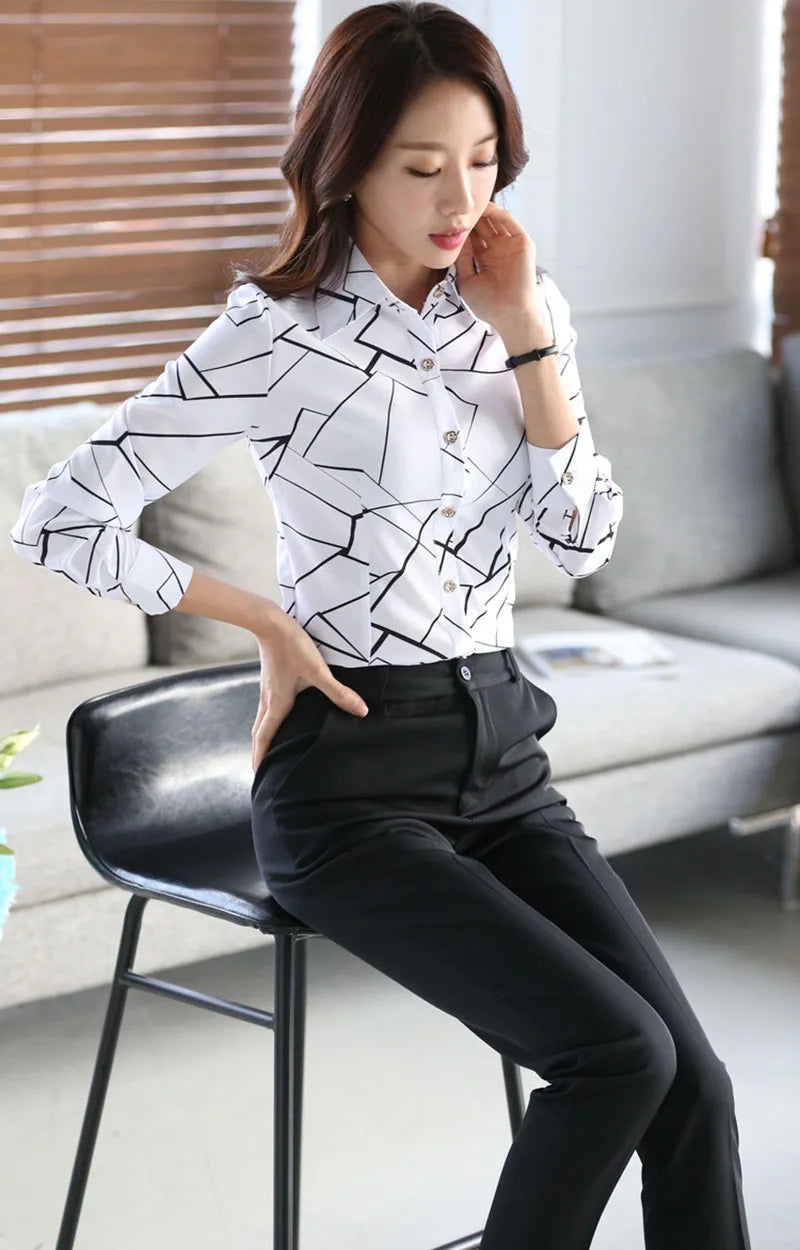 2025 New Women's White Striped Blouse Korean Slim Long Sleeve Printted Turn Down Collar Shirts Single-breasted Office Lady Shirt