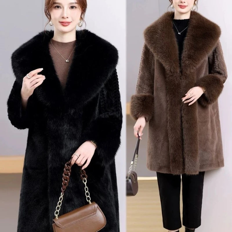 Ladies Faux Leather Long Coats Femme Pockets Soft Mink Fur Women Trendy Street Style Loose Short Outwear Winter - Natalia Home Fashion