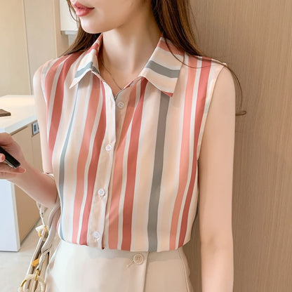Stripe Women Blouse Casual Shirts Summer Female Clothing Sleeveless  Elegant and Youth Woman Blouses Basic Shirts and Blouses