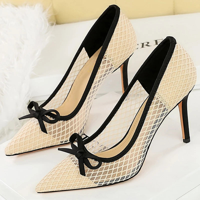 Mesh lace Women Pumps bowknot High Heels 9.5 cm Stiletto Sexy party shoes Luxury banquet shoes Ladies Pumps