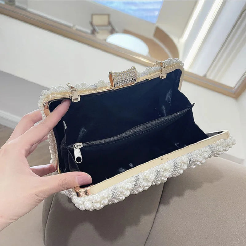 Vintage Pearl Women Handbag Diamond Evening Bag Luxury Wedding Bridal Ladies Clutch Chain White Shoulder Dress Dinner Bag