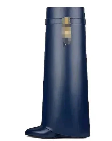 Knee-length Zipper Boots for Women, Thick Soles Metal Decoration Shoes, Shark Lock, High Heels, Designer Fashion Brand - Natalia Home Fashion