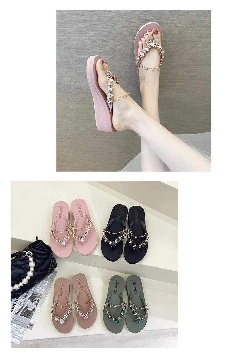 Women Slippers Fashion Summer New Water Diamond Flip Flops Women Outwear Thick Sole Slope Heels Beach Vacation Slippers