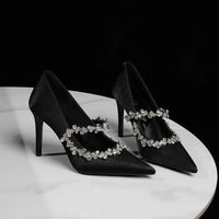 Elegant French Style High Heels Women's Satin Pointed Toe Shoes with Water Diamond Decoration Thin Heel Single Shoes