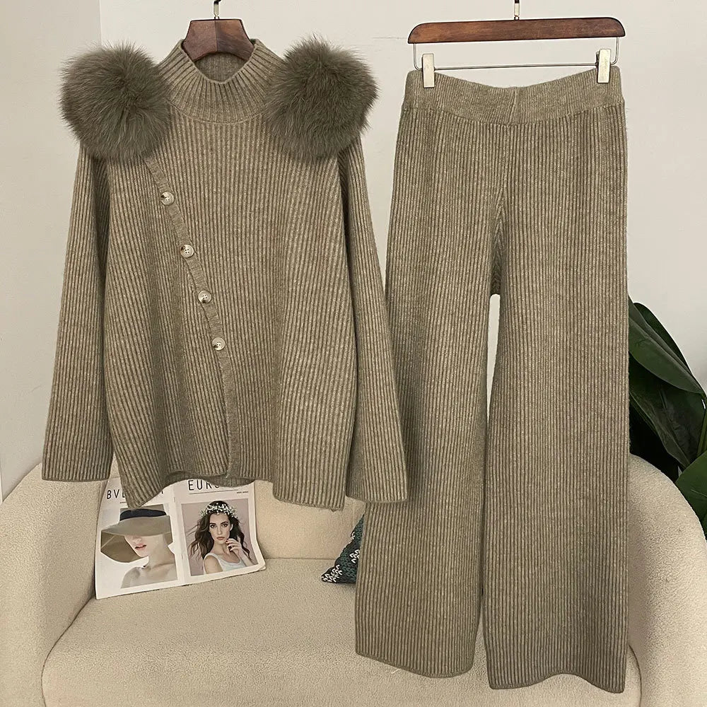 Casual Knitted Half-High Collar Sweater And Pants Set Real Fox Shoulder Patches Spring Autumn New Style Comfortable Lazy Style Natalia Home Fashion    Natalia Home Fashion