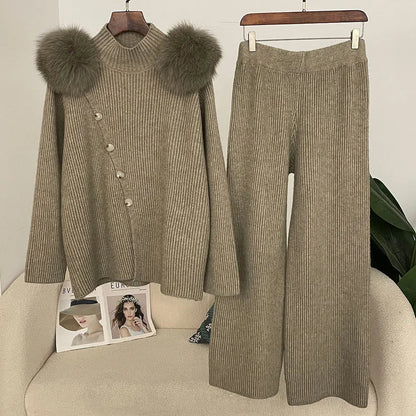 Casual Knitted Half-High Collar Sweater And Pants Set Real Fox Shoulder Patches Spring Autumn New Style Comfortable Lazy Style Natalia Home Fashion    Natalia Home Fashion