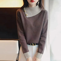 Sweaters Women Contrast Color Button Patchwork Chic Long Sleeve Loose Pullovers Knitted Tops