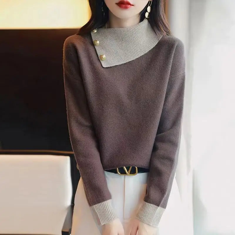 Sweaters Women Contrast Color Button Patchwork Chic Long Sleeve Loose Pullovers Knitted Tops
