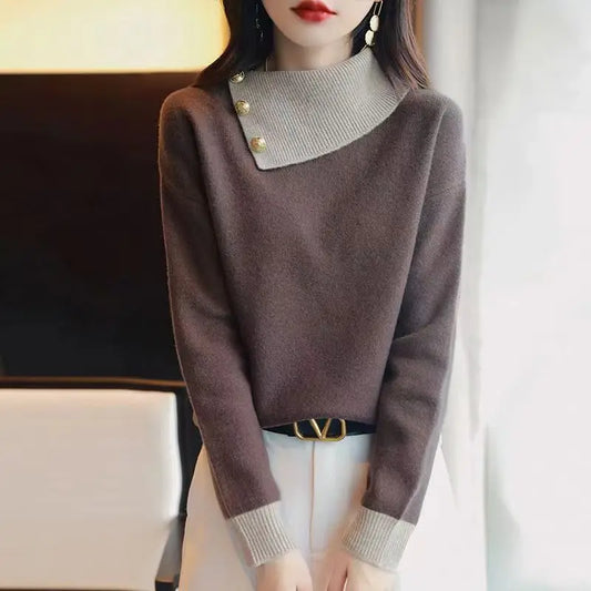 Sweaters Women Contrast Color Button Patchwork Chic Long Sleeve Loose Pullovers Knitted Tops
